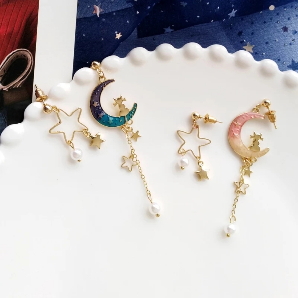Cat in the Moon + Star Asymmetrical Pastel Earrings